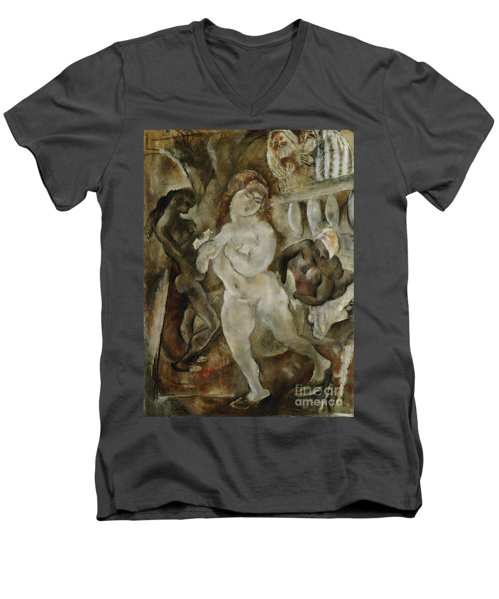 1920s Men's V-Neck T-Shirt featuring the painting Susanna And The Elders; Susannah Et Les Vieillards, C.1921 by Jules Pascin