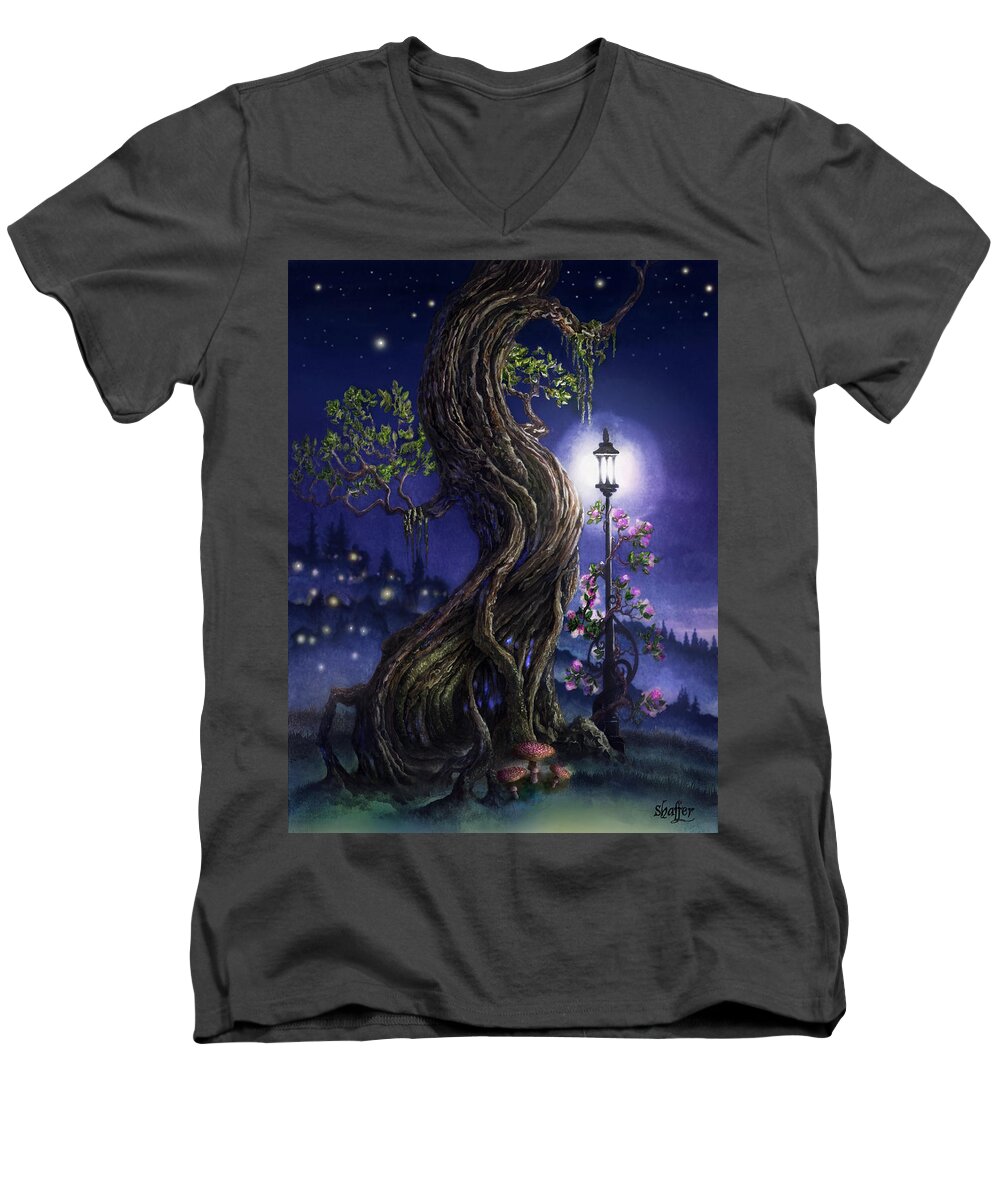 Tree Men's V-Neck T-Shirt featuring the painting Sylvia and Her Lamp At Dusk by Curtiss Shaffer