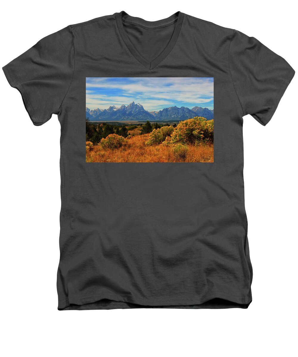 Grand Teton National Park Men's V-Neck T-Shirt featuring the photograph Teton Valley View by Greg Norrell