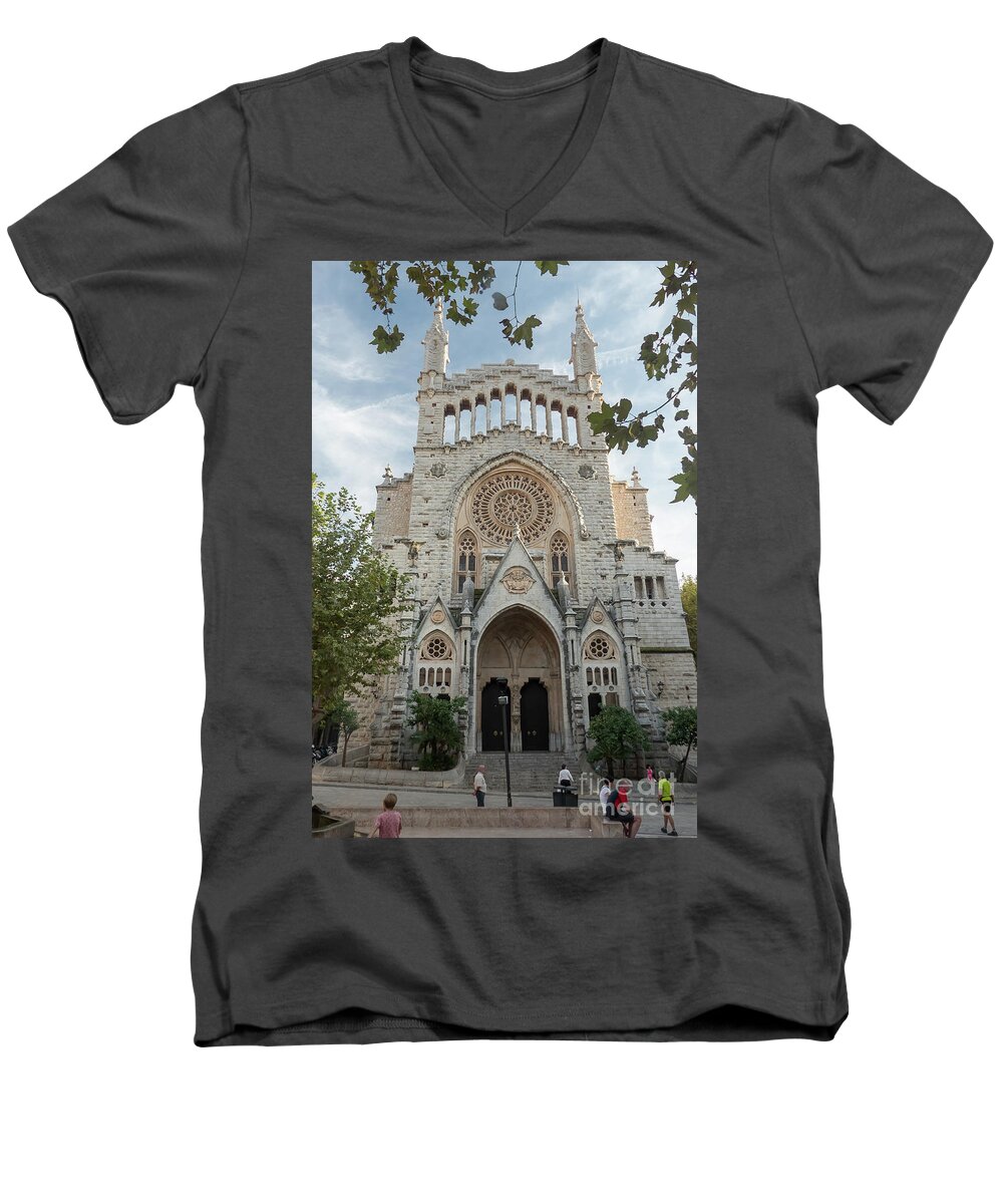 Balearic Islands Men's V-Neck T-Shirt featuring the photograph The church of Sant Bartomeu by Rod Jones