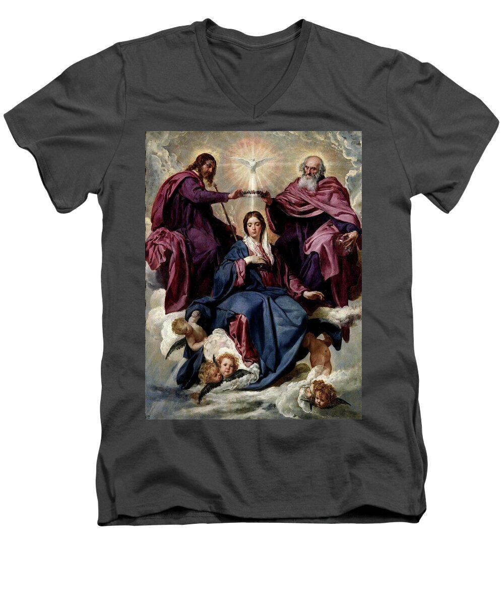 Diego Velazquez Men's V-Neck T-Shirt featuring the painting 'The Coronation of the Virgin', ca. 1635, Spanish School, ... by Diego Velazquez -1599-1660-