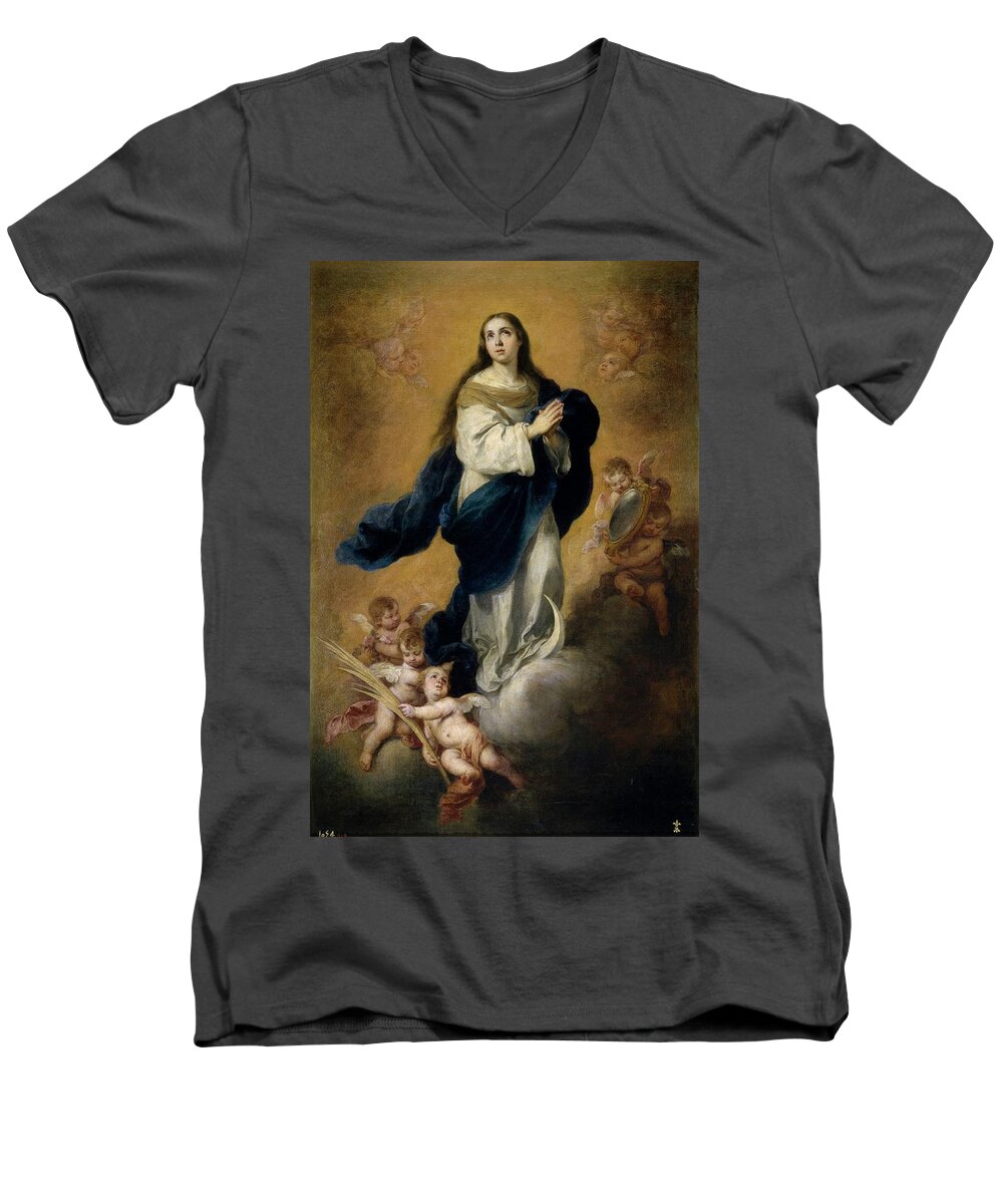 Bartolome Esteban Murillo Men's V-Neck T-Shirt featuring the painting 'The Immaculate Conception', 1665-1675, Spanish School, Oil on canvas... by Bartolome Esteban Murillo -1611-1682-
