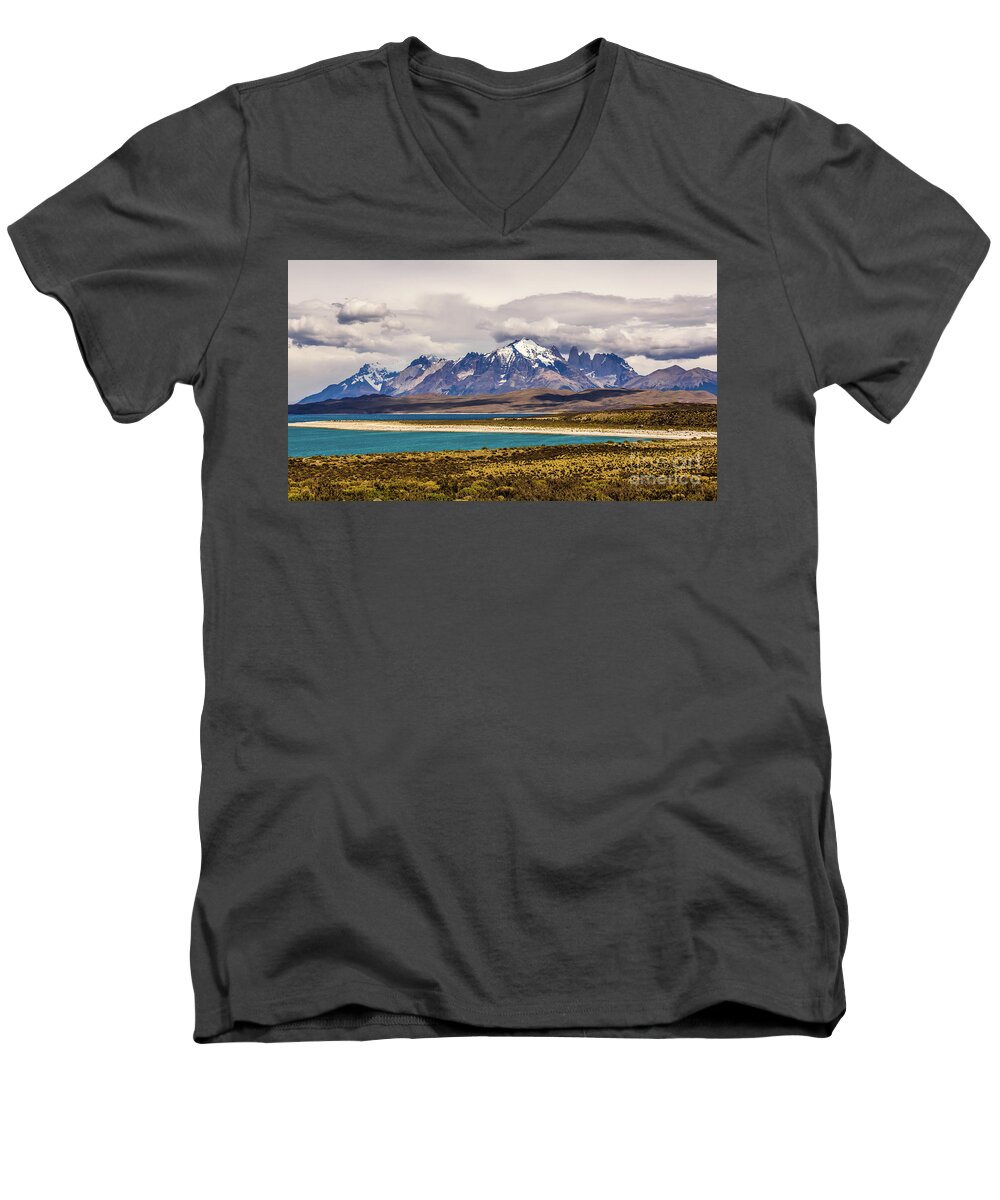 Mountain Men's V-Neck T-Shirt featuring the photograph The mountains of Torres del Paine National Park, Chile by Lyl Dil Creations