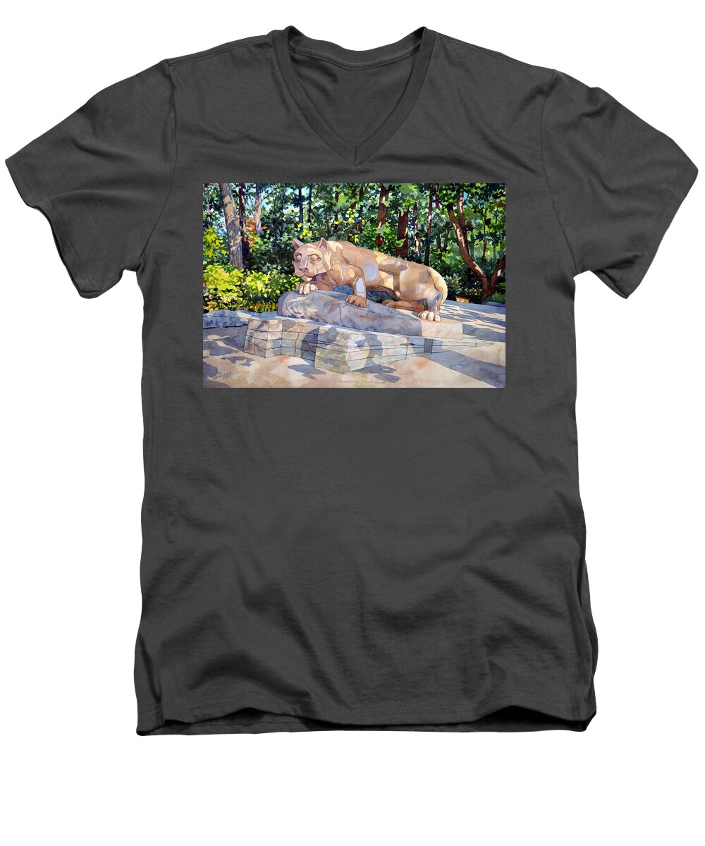 #pennstate #nittanylion #statecollege #watercolor #landscape #fineart #commissionedart Men's V-Neck T-Shirt featuring the painting The Nittany Lion by Mick Williams