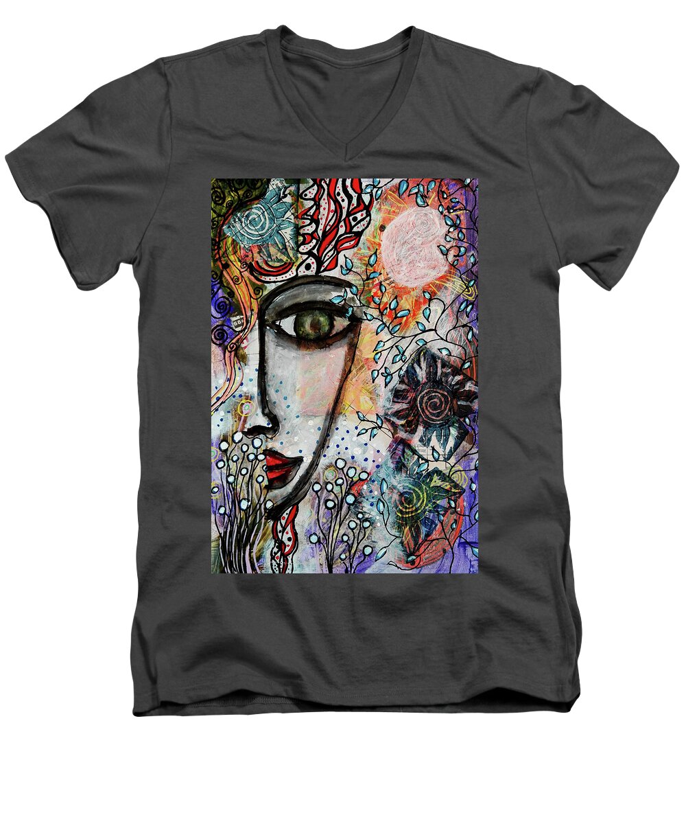 Symbolism Men's V-Neck T-Shirt featuring the mixed media The Observer by Mimulux Patricia No