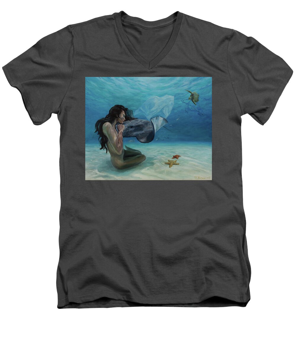 Mermaid Men's V-Neck T-Shirt featuring the painting The plastic monster by Marco Busoni