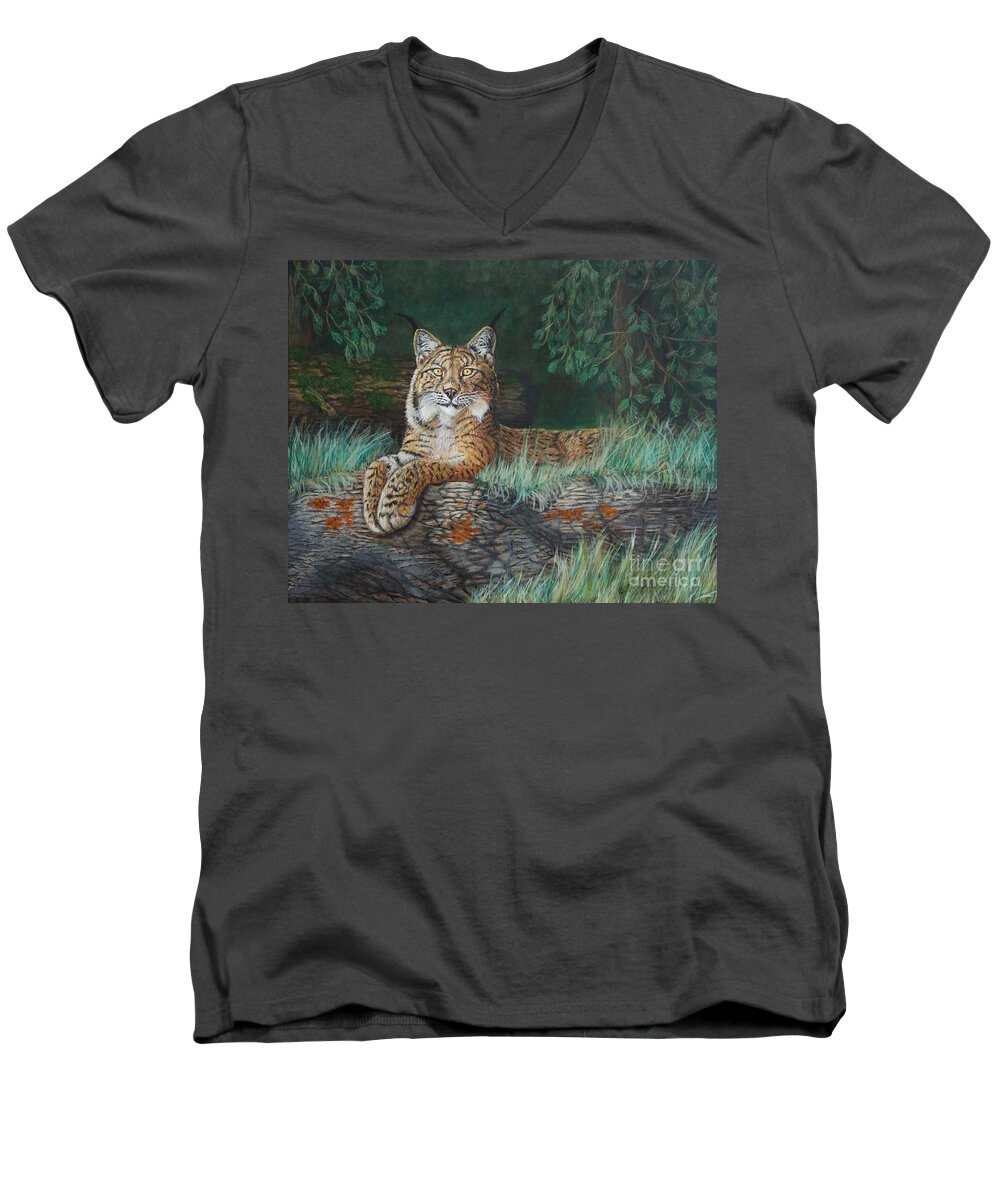Cat Men's V-Neck T-Shirt featuring the painting The Wild Cat by Bob Williams