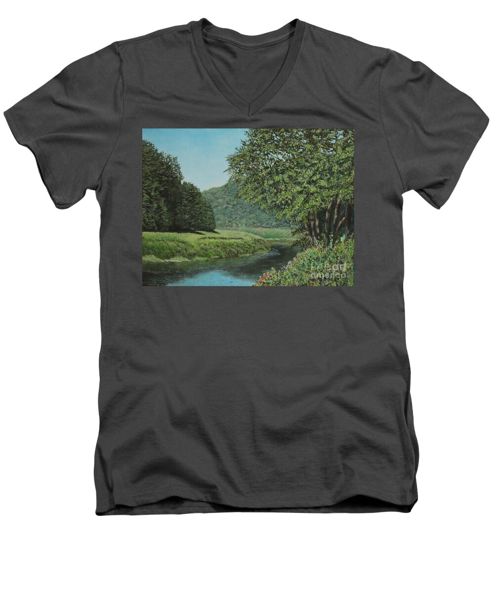 Sky Men's V-Neck T-Shirt featuring the painting The Wye river of Wales by Bob Williams