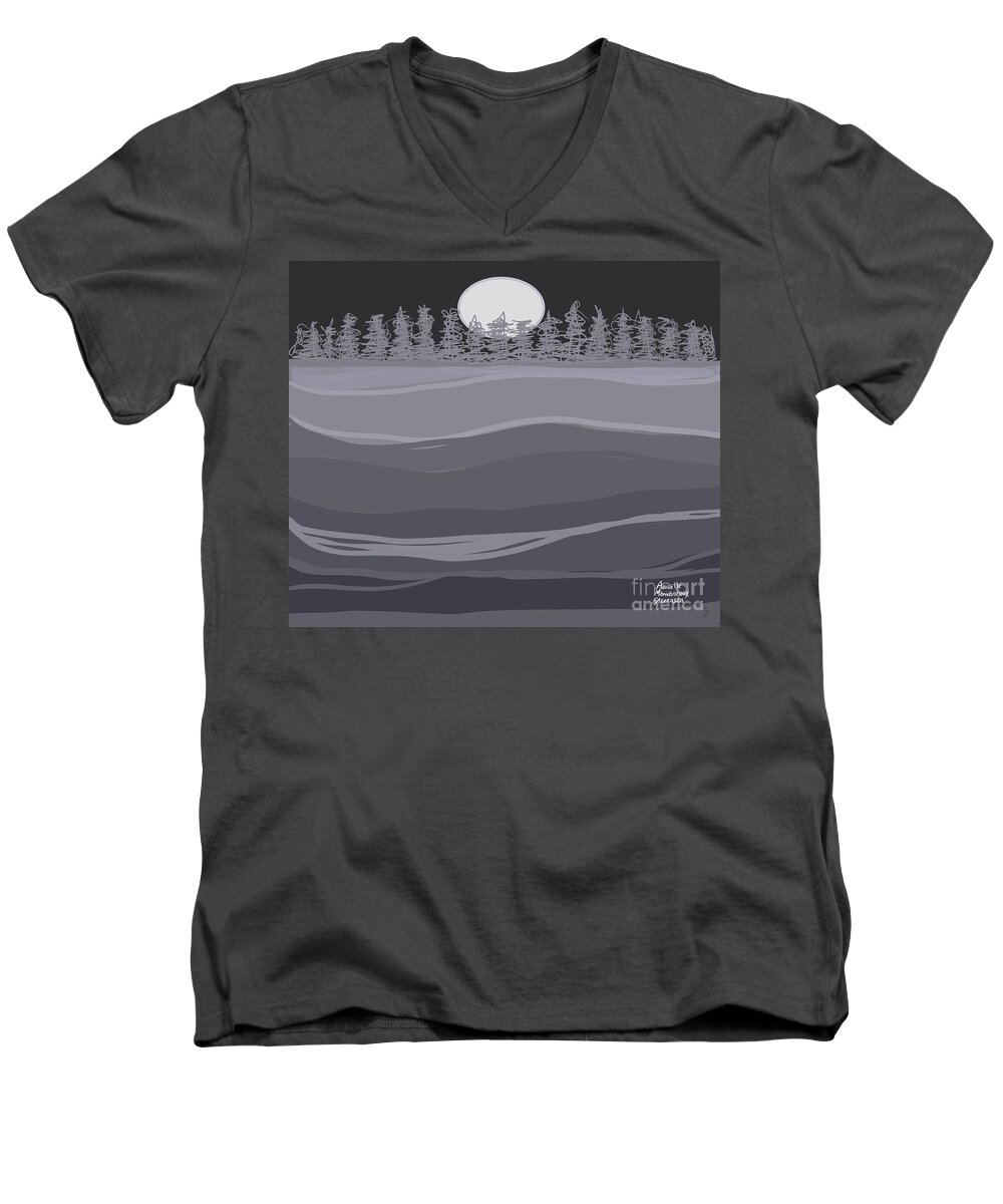 Tranquil Landscape Men's V-Neck T-Shirt featuring the digital art Tranquil Landscape Night Sky and Moon by Annette M Stevenson