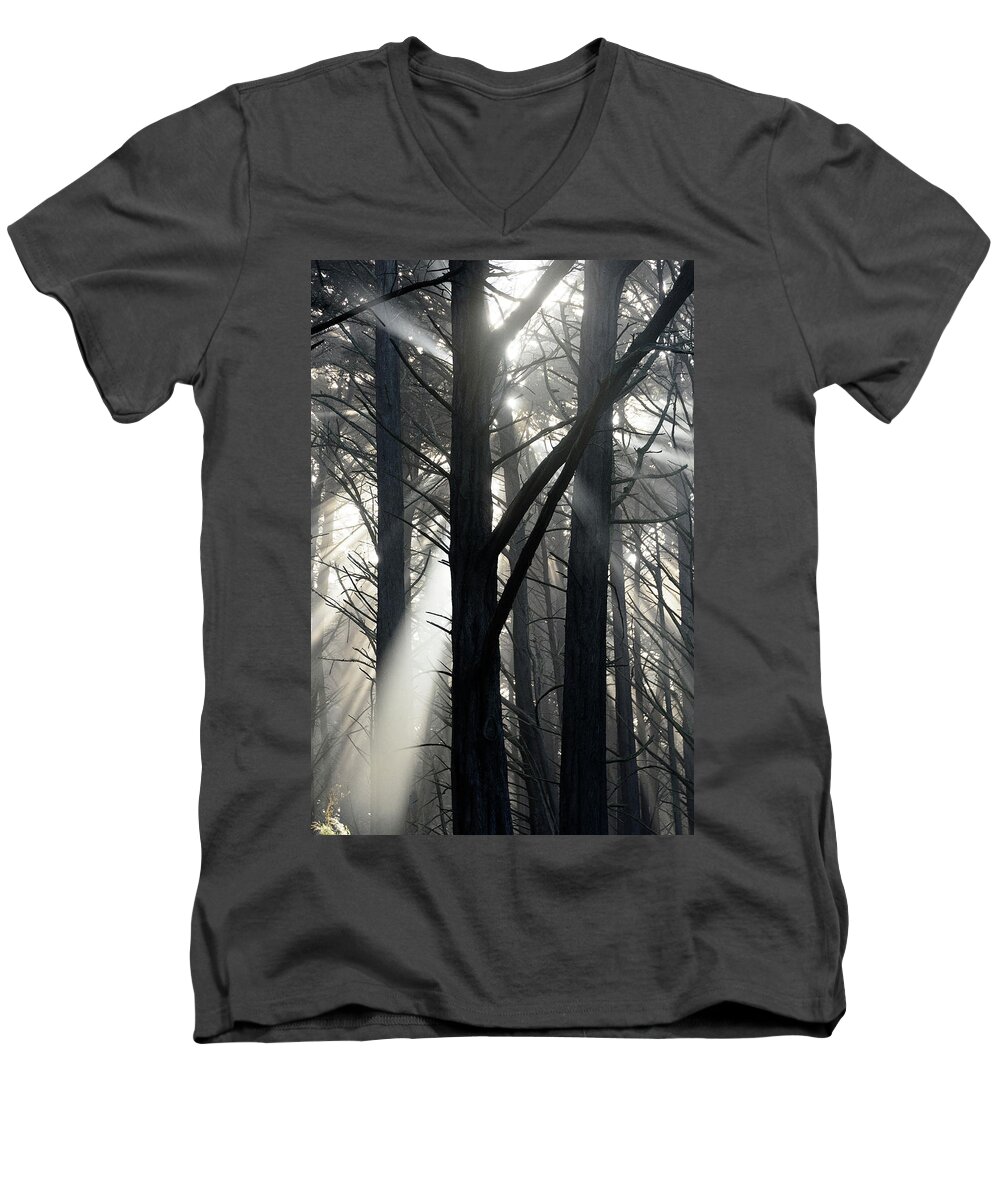 Fog Men's V-Neck T-Shirt featuring the photograph Trees and Fog by Janet Kopper