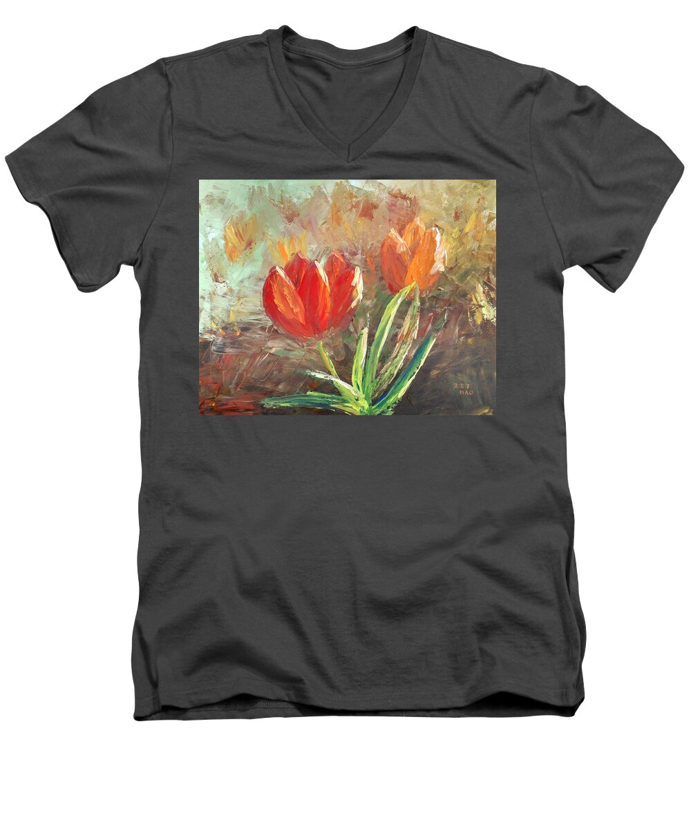 Tulips Men's V-Neck T-Shirt featuring the painting Tulips by Helian Cornwell