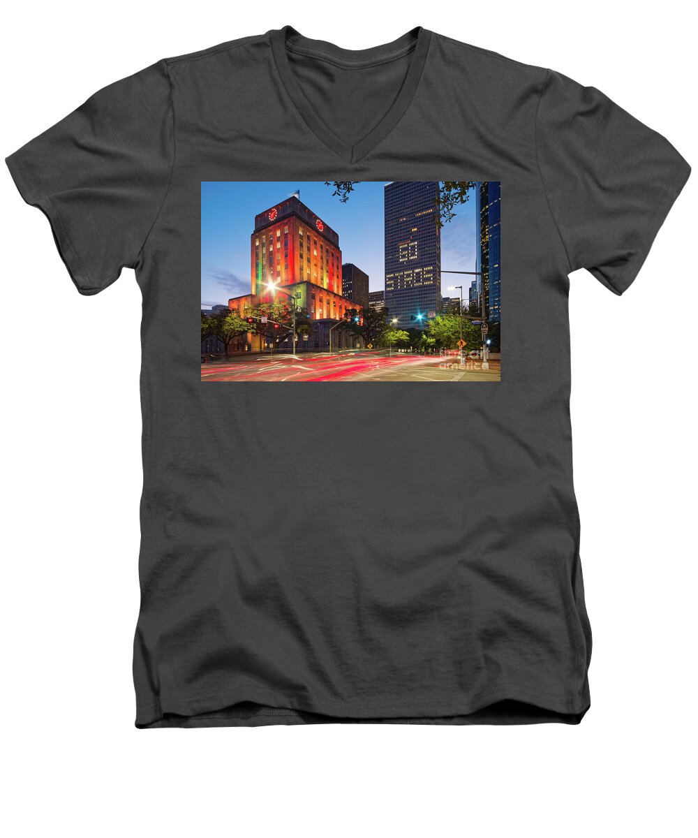 Downtown Men's V-Neck T-Shirt featuring the photograph Twilight Photograph of Houston City Hall Astros Baseball World Series 2017 - Downtown Houston by Silvio Ligutti