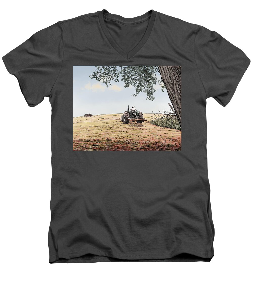 Tractor Men's V-Neck T-Shirt featuring the digital art Uncle Wilbert at the Wheel by Rick Adleman