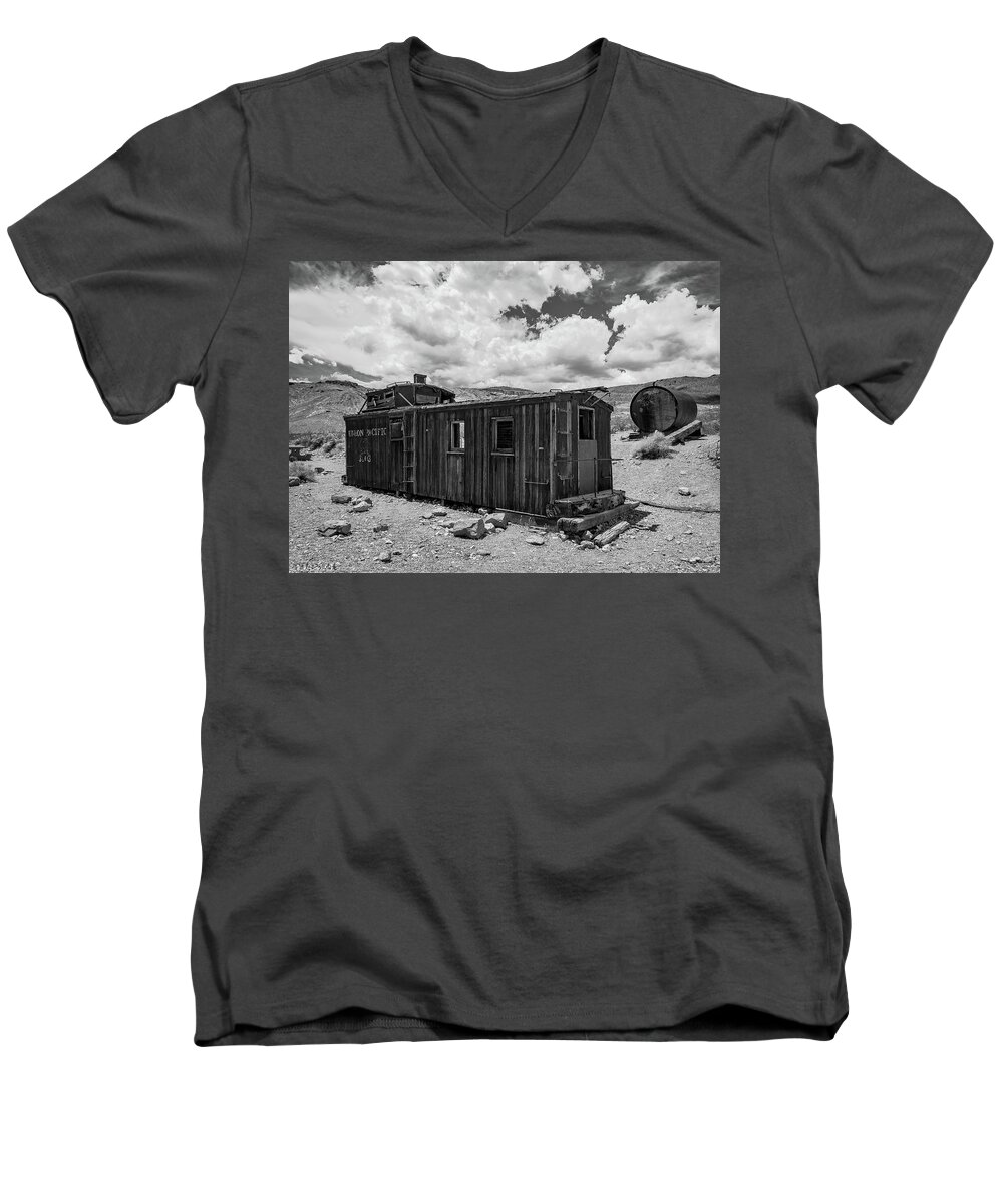Union Pacific Men's V-Neck T-Shirt featuring the photograph Union Pacific Caboose by Mike Ronnebeck