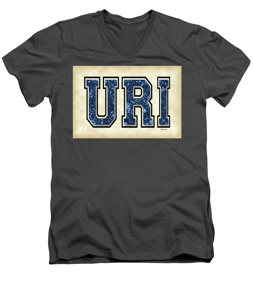Uri Men's V-Neck T-Shirt featuring the digital art URI - University of Rhode Island - Parchment by Stephen Younts