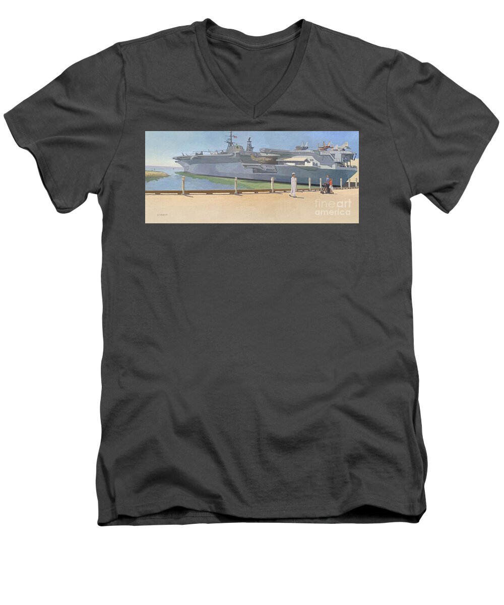Uss Midway Men's V-Neck T-Shirt featuring the painting USS Midway San Diego California by Paul Strahm