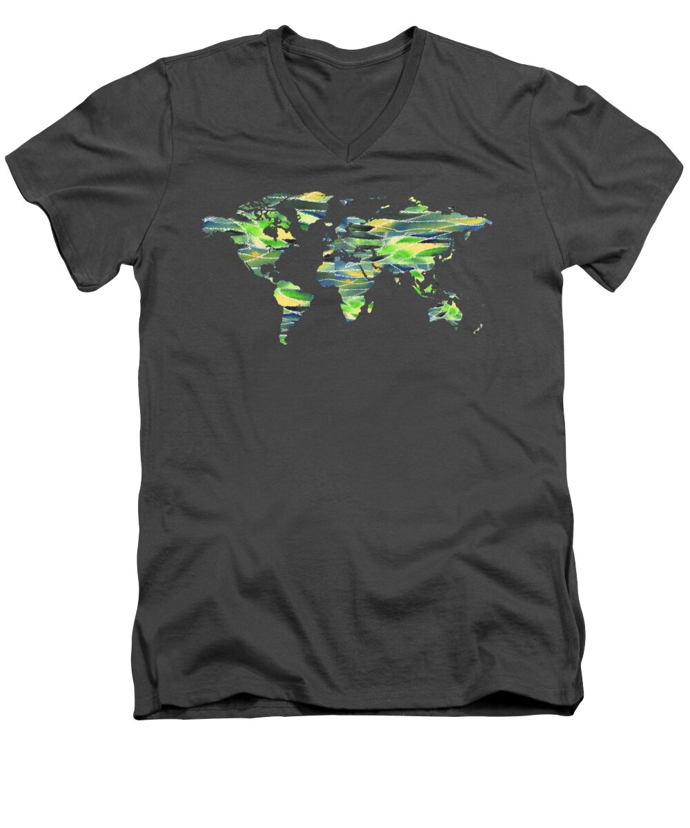World Men's V-Neck T-Shirt featuring the painting Watercolor Silhouette World Map Colorful PNG VII by Irina Sztukowski