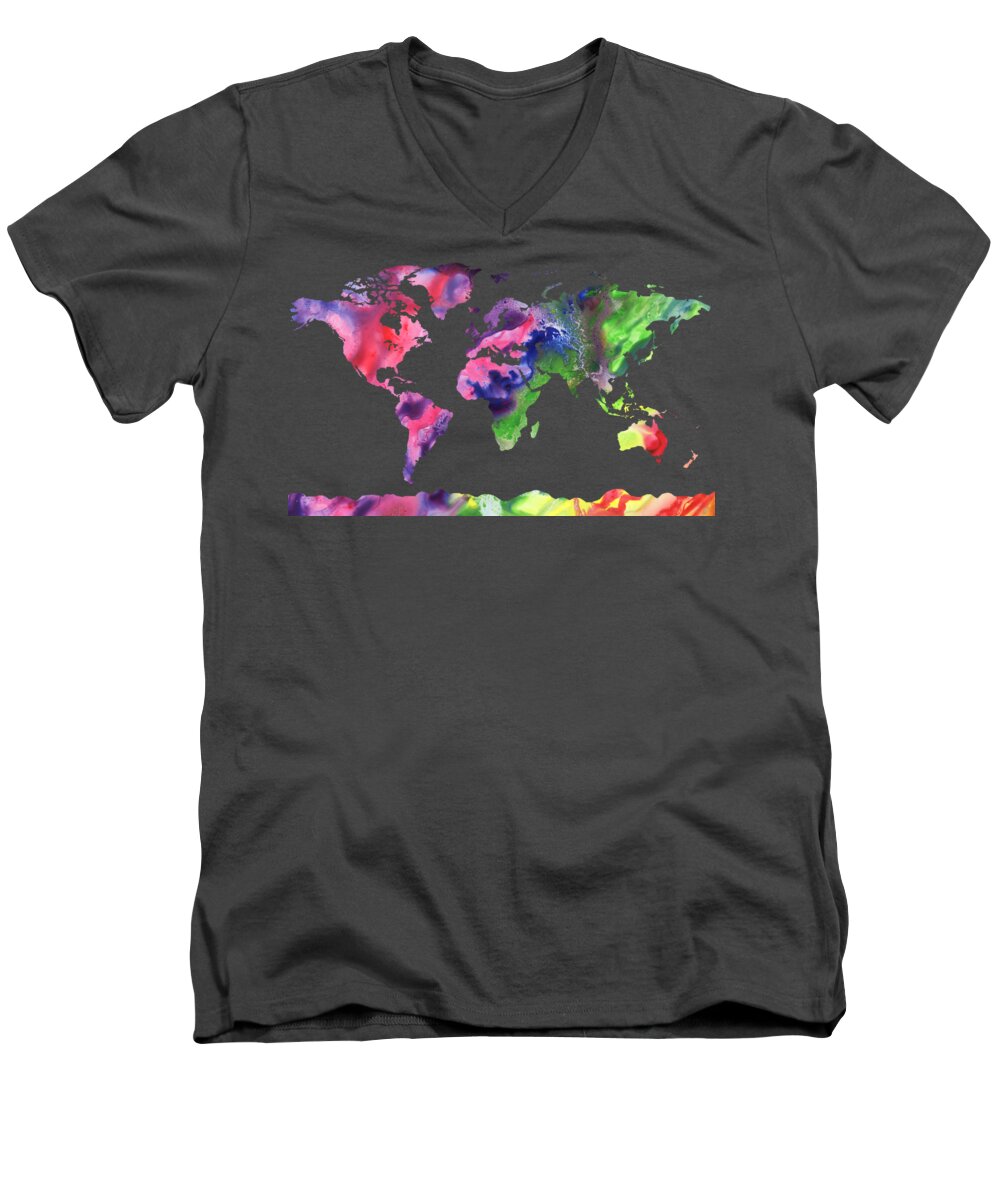 Purple Men's V-Neck T-Shirt featuring the painting Watercolor Silhouette World Map Colorful PNG XI by Irina Sztukowski