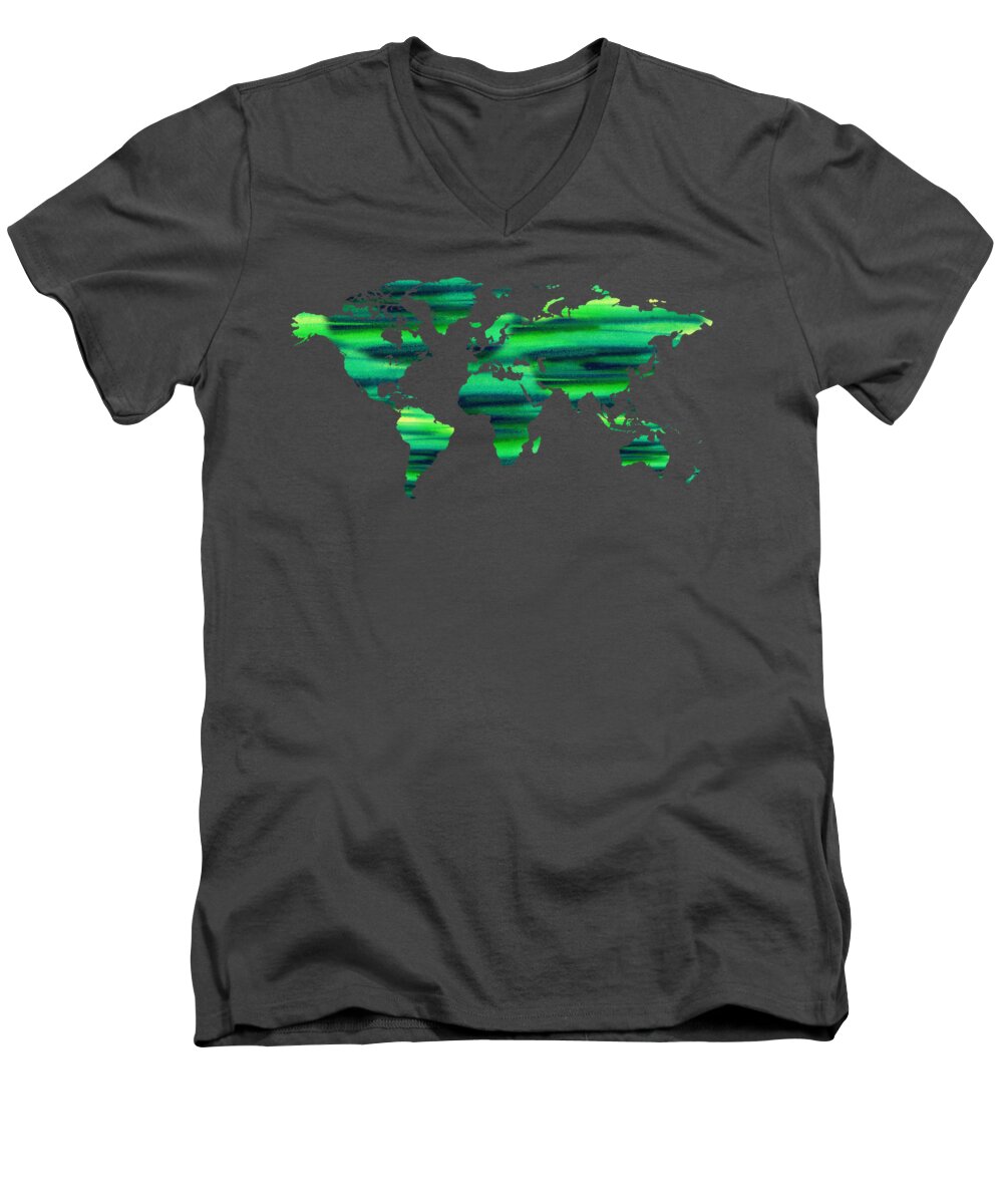 Green Men's V-Neck T-Shirt featuring the painting Watercolor Silhouette World Map Colorful PNG XVII by Irina Sztukowski