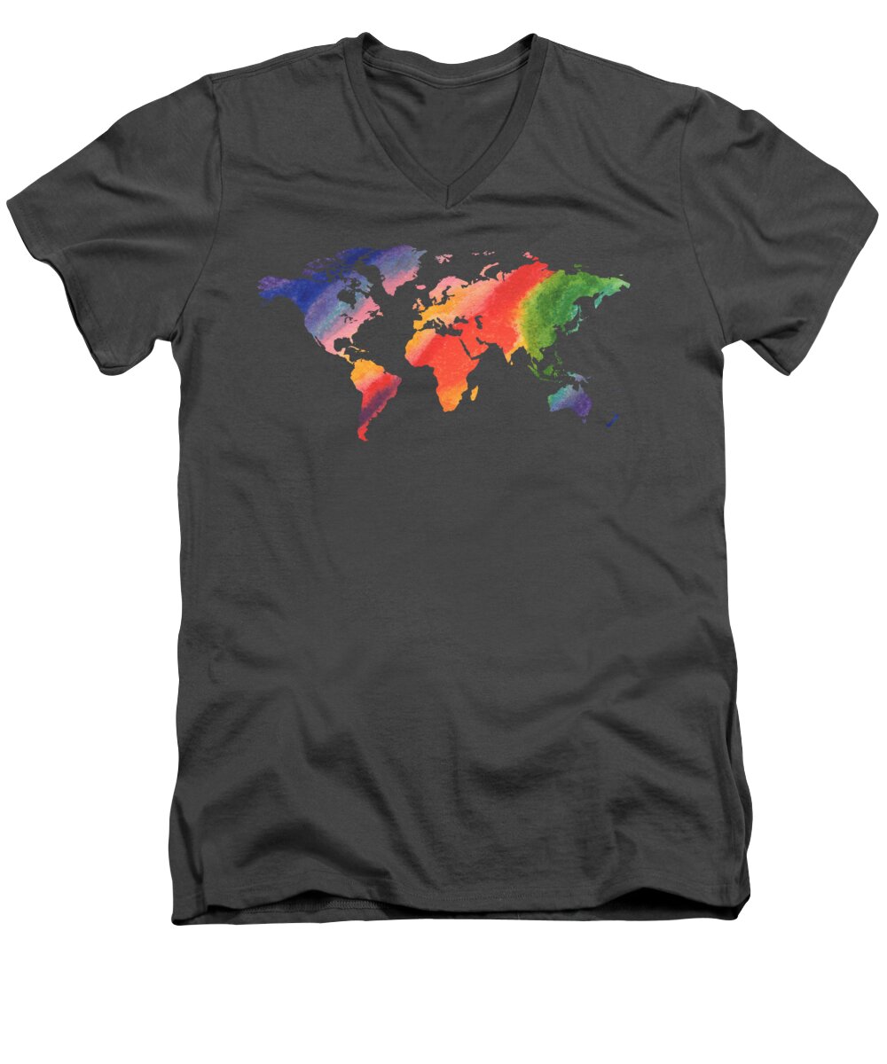 Rainbow Men's V-Neck T-Shirt featuring the painting Watercolor Silhouette World Map Colorful PNG XVIII by Irina Sztukowski