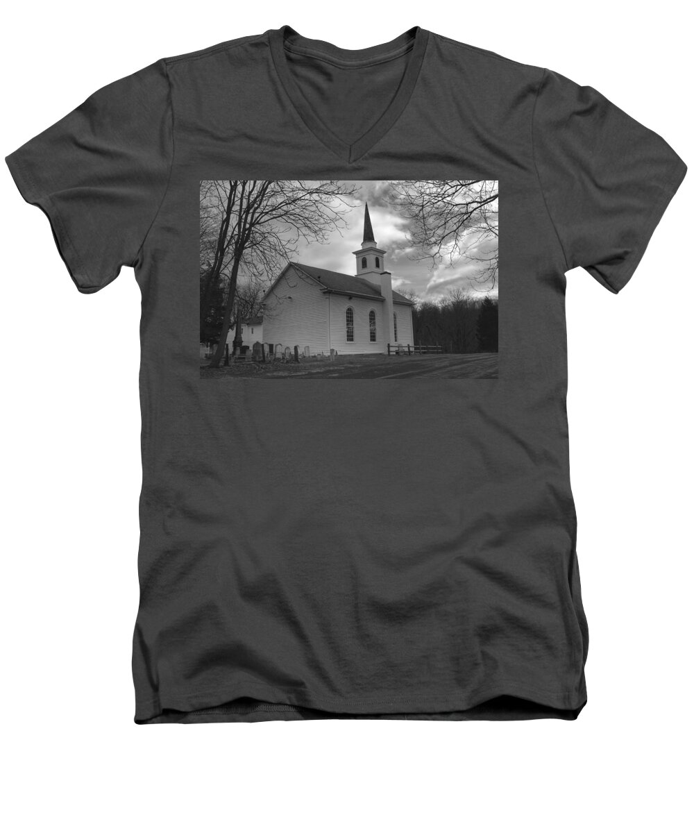 Church Men's V-Neck T-Shirt featuring the photograph Waterloo United Methodist Church - Back by Christopher Lotito