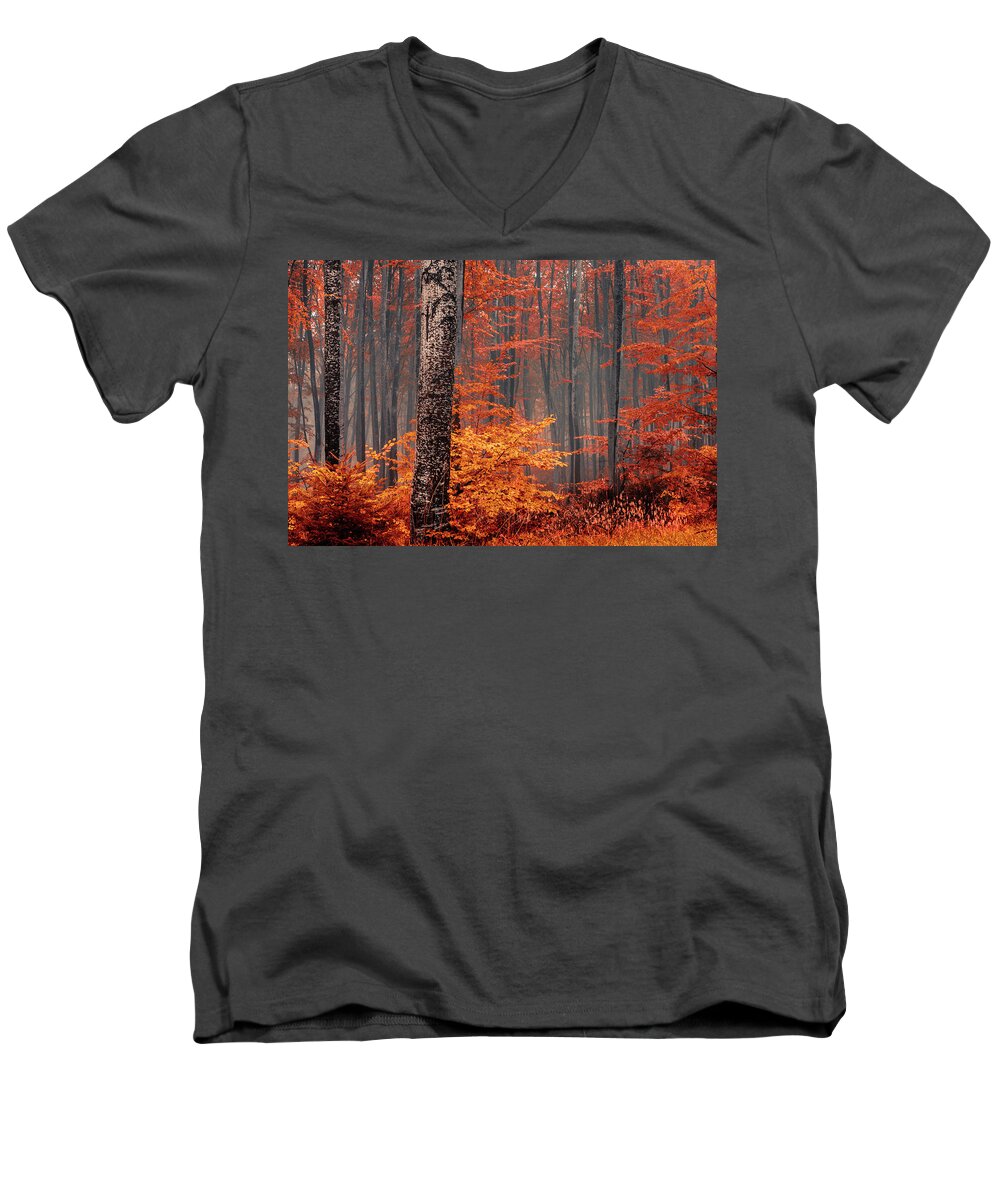 Mist Men's V-Neck T-Shirt featuring the photograph Welcome To Orange Forest by Evgeni Dinev