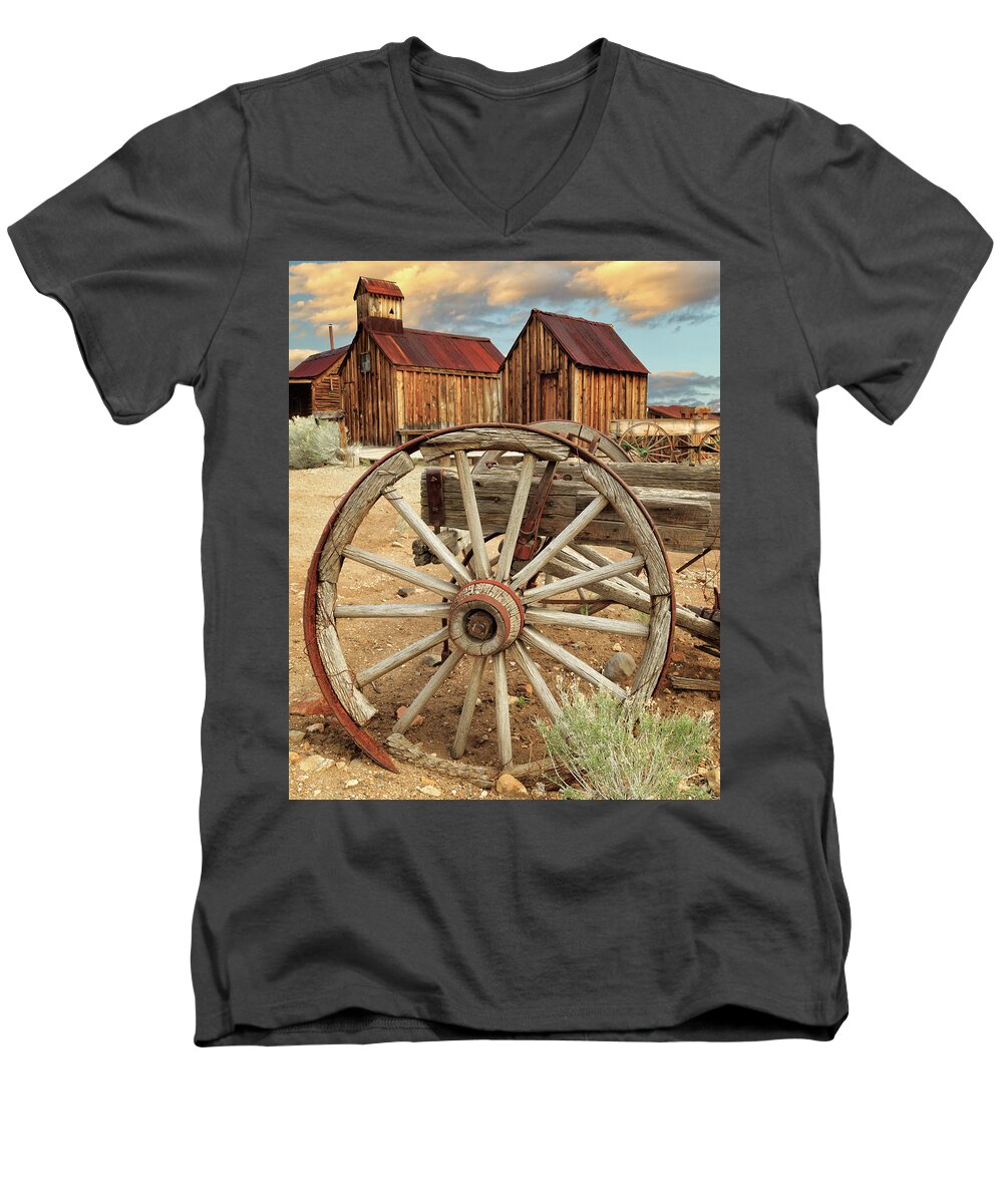 Wagon Men's V-Neck T-Shirt featuring the photograph Wheels And Spokes In Color by James Eddy