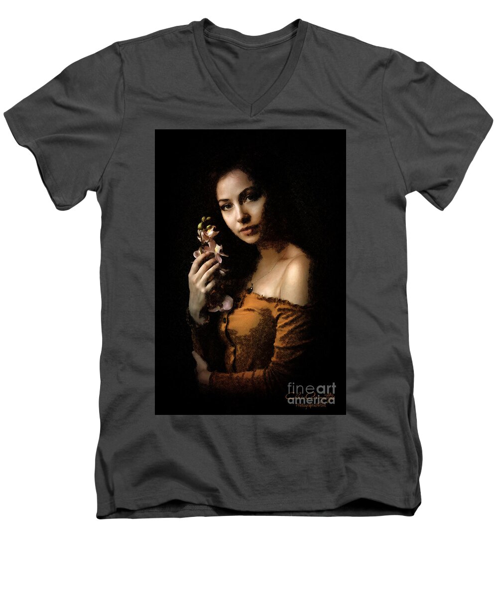 Woman Men's V-Neck T-Shirt featuring the digital art Woman With Orchid by Chris Armytage