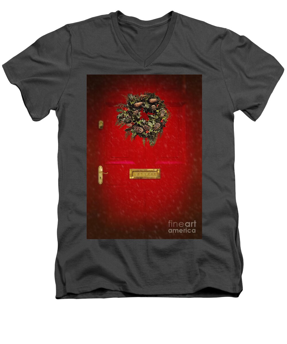 Wreath Men's V-Neck T-Shirt featuring the photograph Wreath on red door by Lyn Randle