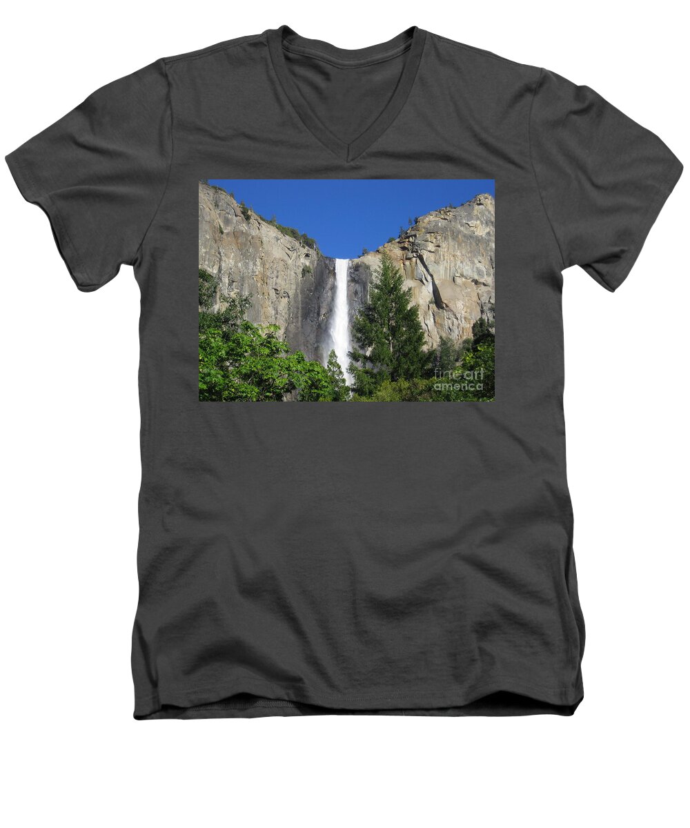 Yosemite Men's V-Neck T-Shirt featuring the photograph Yosemite National Park Bridal Veil Falls Waterfall Close Up View with Clear Blue Sky by John Shiron