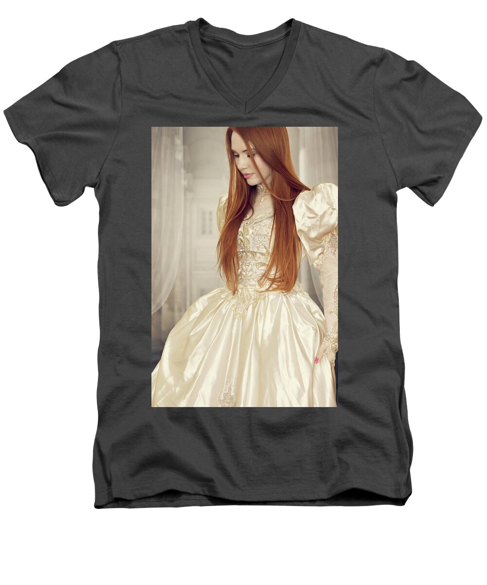 Historical Men's V-Neck T-Shirt featuring the photograph Young Victorian Woman Standing By A Window by Ethiriel Photography