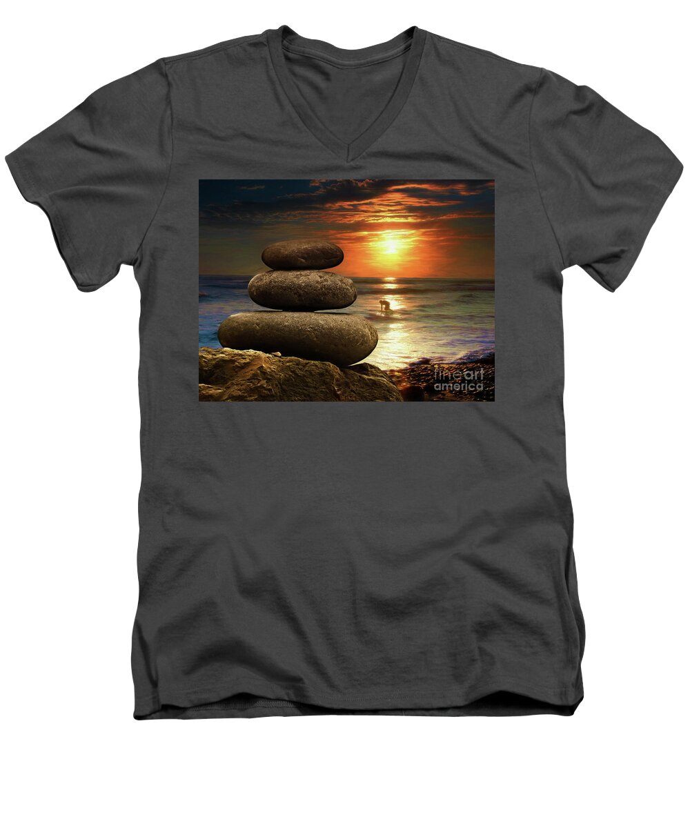 Zen Stones Men's V-Neck T-Shirt featuring the photograph Zen Stones California Sunset by Scott Cameron