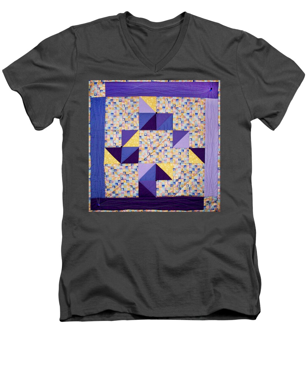 Art Quilt Men's V-Neck T-Shirt featuring the tapestry - textile Zodiac by Pam Geisel