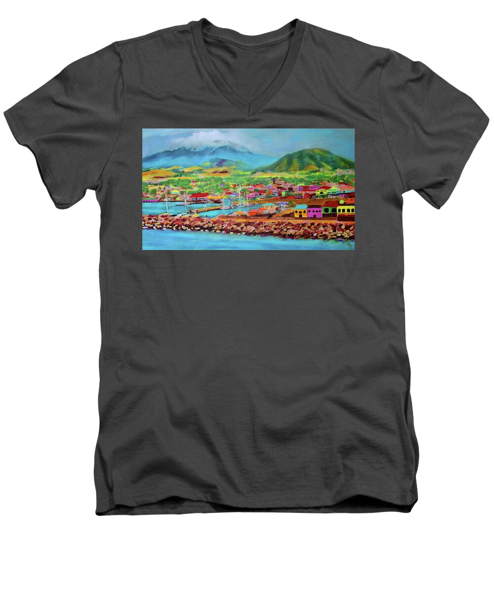 Caribbean Men's V-Neck T-Shirt featuring the painting Docked in St Kitts by Deborah Boyd
