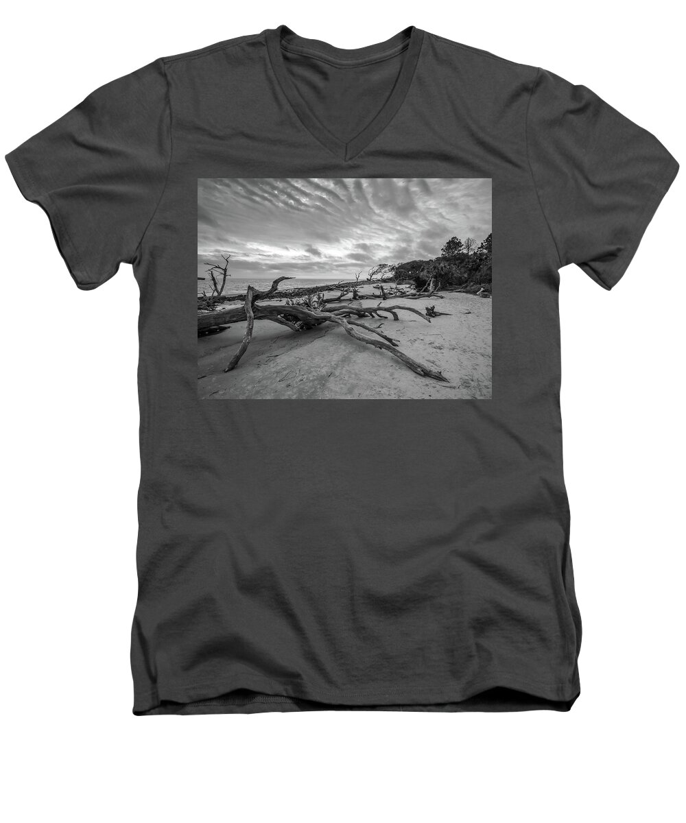 Alone Men's V-Neck T-Shirt featuring the photograph Drift wood beach photograph #1 by Louis Dallara