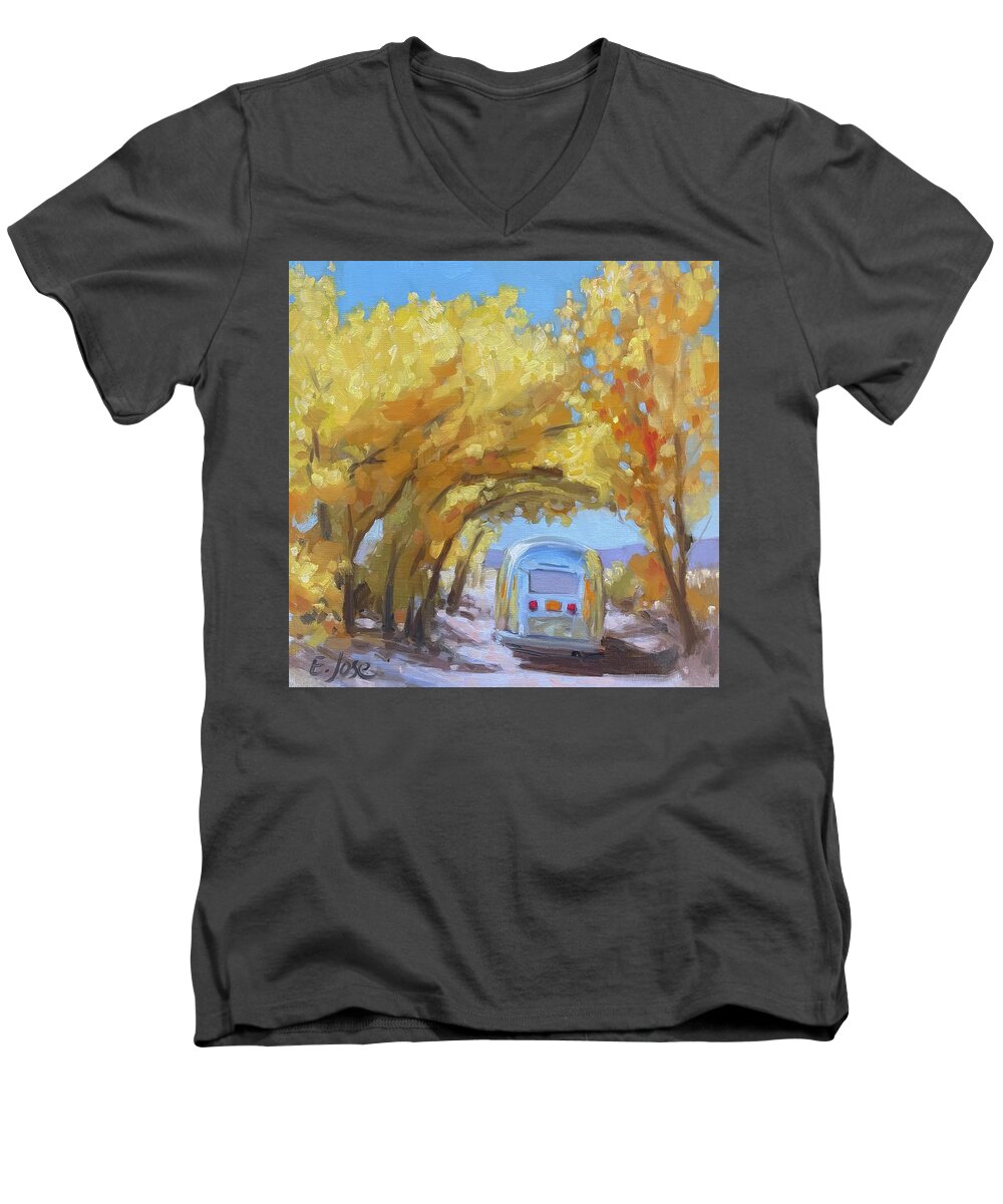 Airstream Men's V-Neck T-Shirt featuring the painting Fall Road Trip #1 by Elizabeth Jose