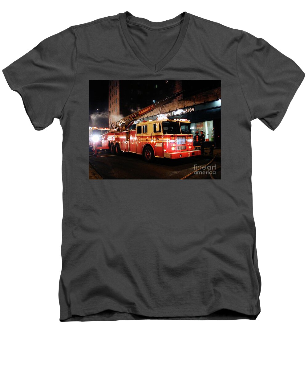 Fdny Men's V-Neck T-Shirt featuring the photograph FDNY Ladder 3 #1 by Steven Spak