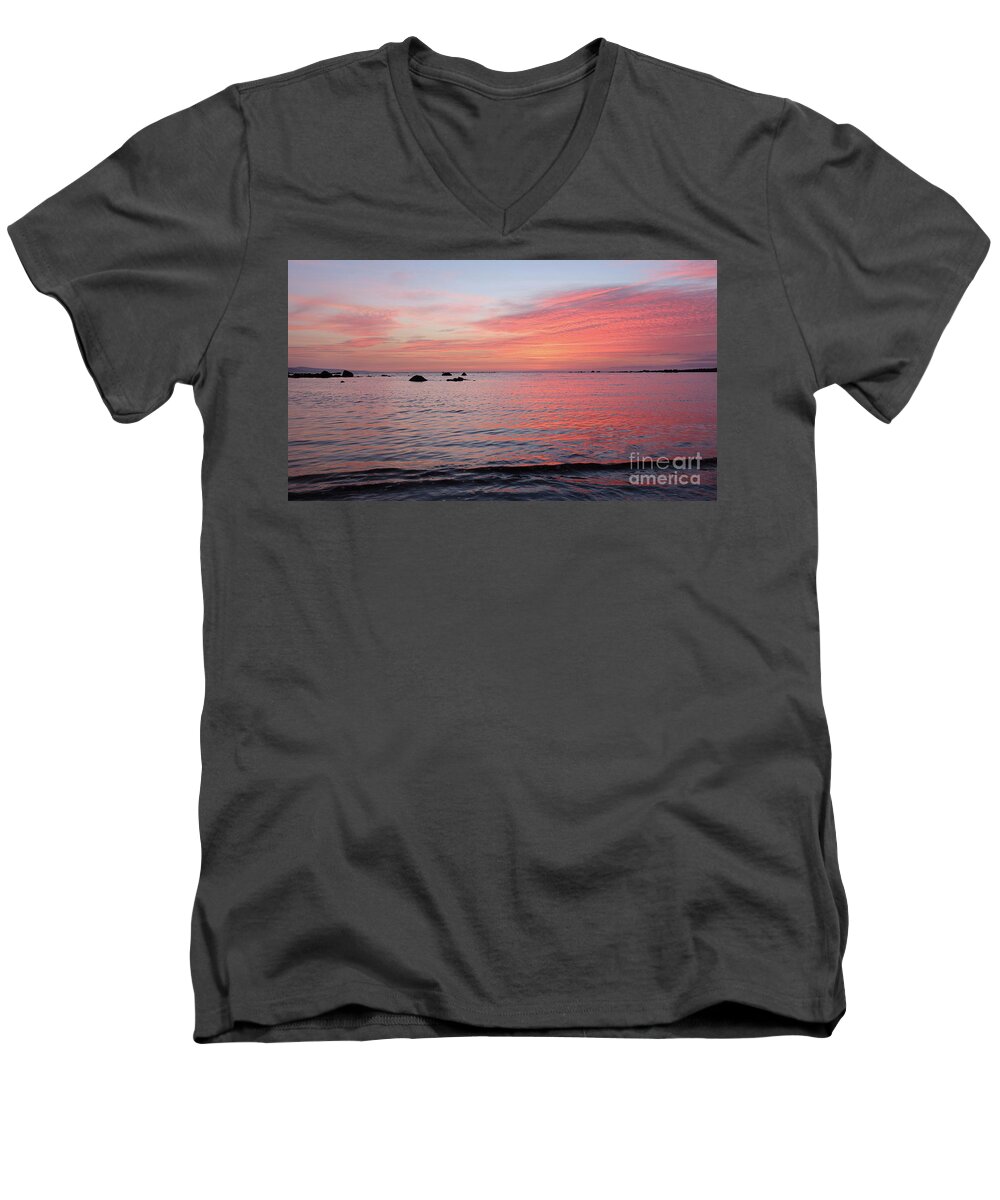 Sunset Furbo Galway Ireland Wildatlanticway Photography Galway-bay Clouds Sky Ocean Beach Prints Men's V-Neck T-Shirt featuring the photograph Furbo beach sunset #1 by Peter Skelton