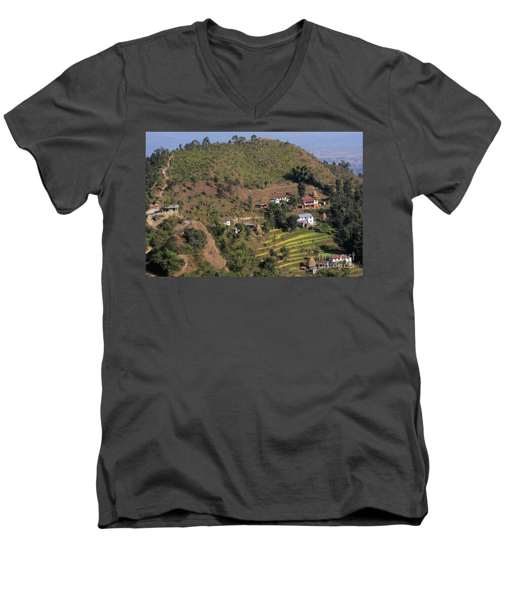 Pokhara Men's V-Neck T-Shirt featuring the photograph Himalayan Homestead #1 by Aidan Moran
