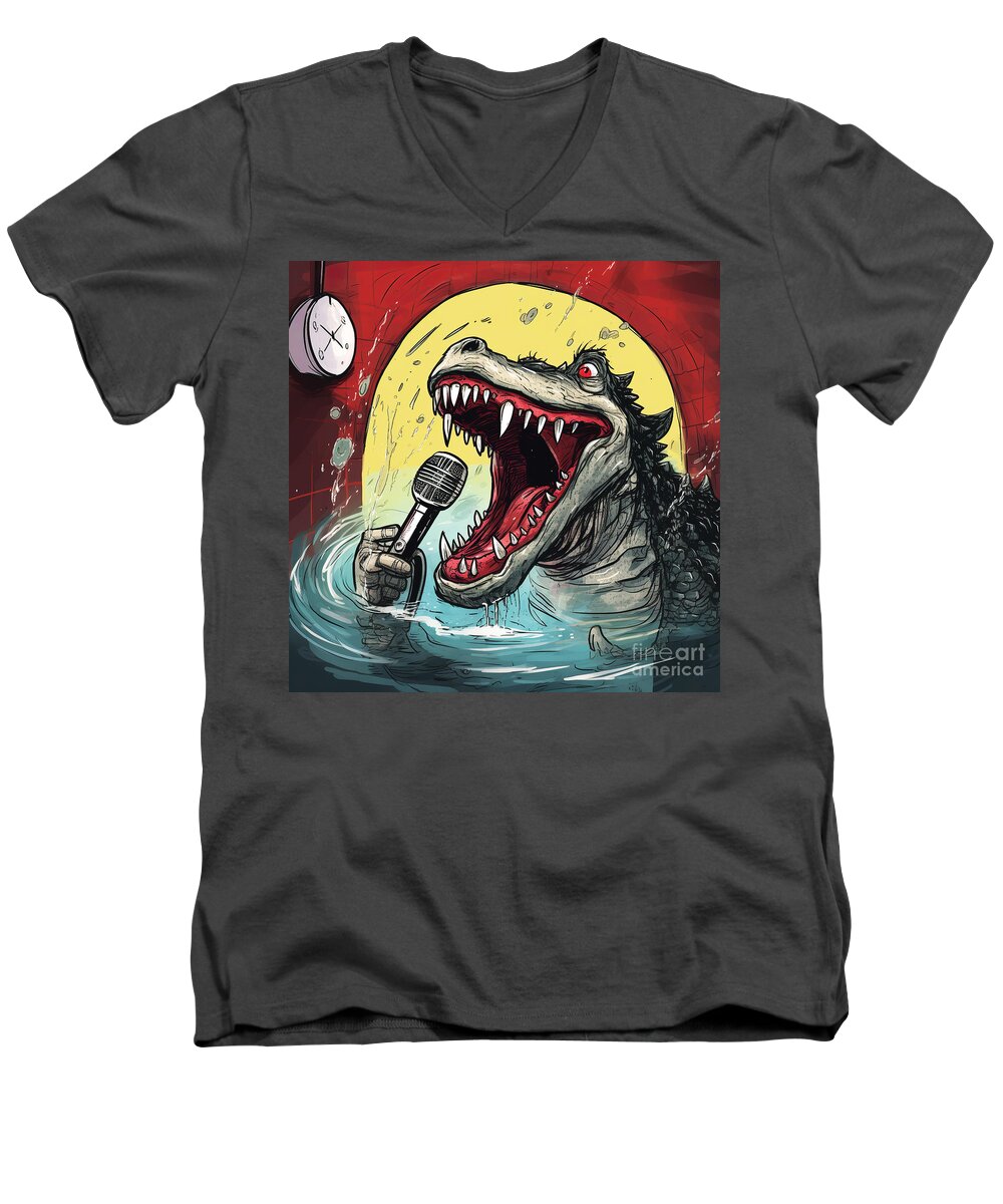 Bathroom Men's V-Neck T-Shirt featuring the digital art The crocodile is bathing in the bathtub and singing while doing so. #1 by Odon Czintos