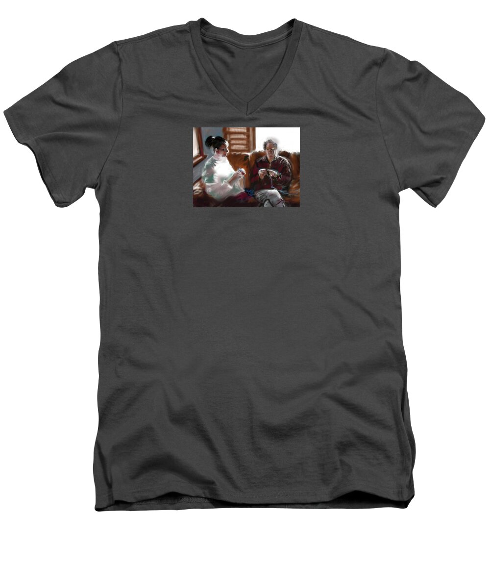 Knitting Men's V-Neck T-Shirt featuring the painting The Knitters #1 by Jean Pacheco Ravinski