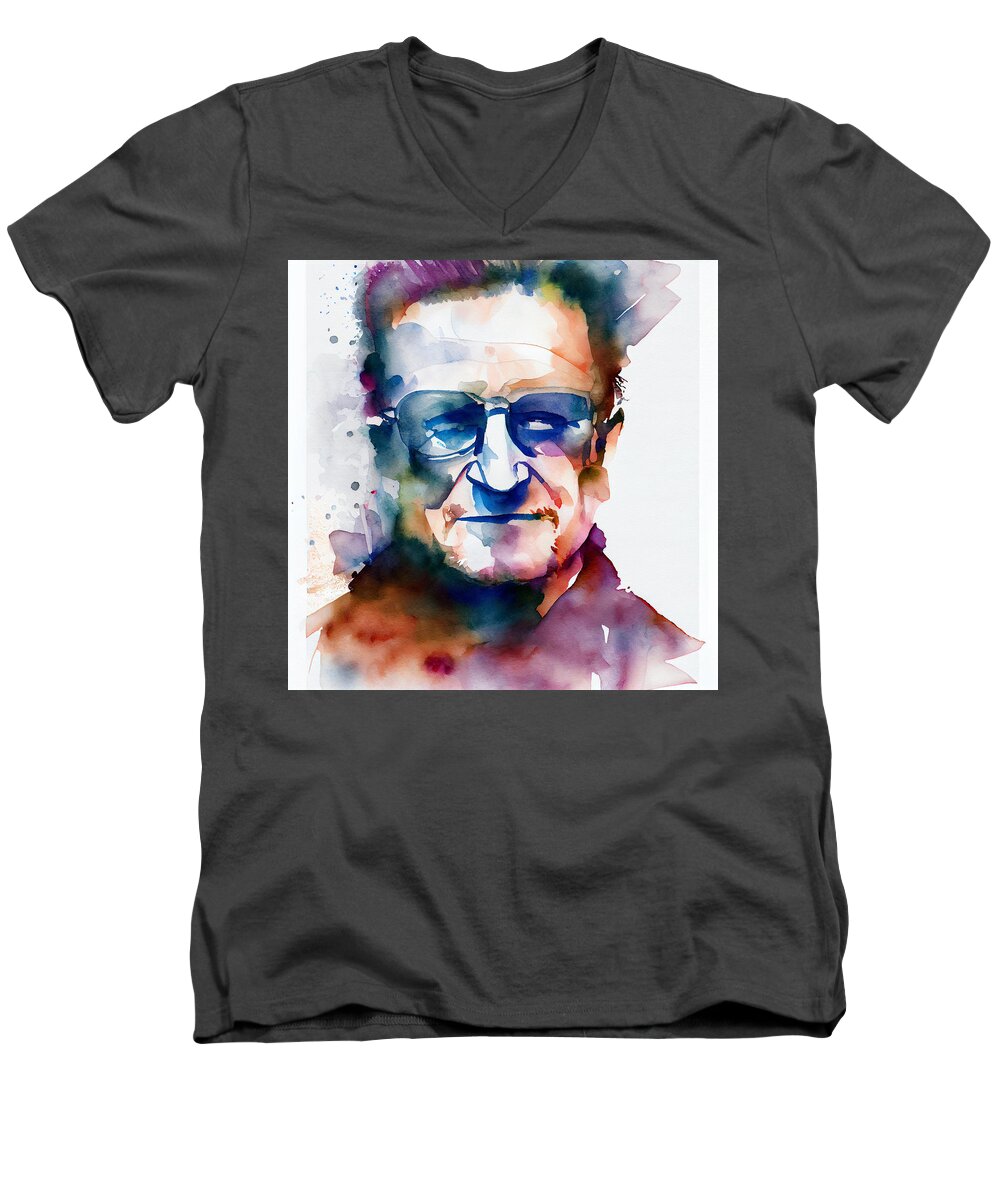 Bono Men's V-Neck T-Shirt featuring the mixed media Watercolour Of Bono #15 by Smart Aviation