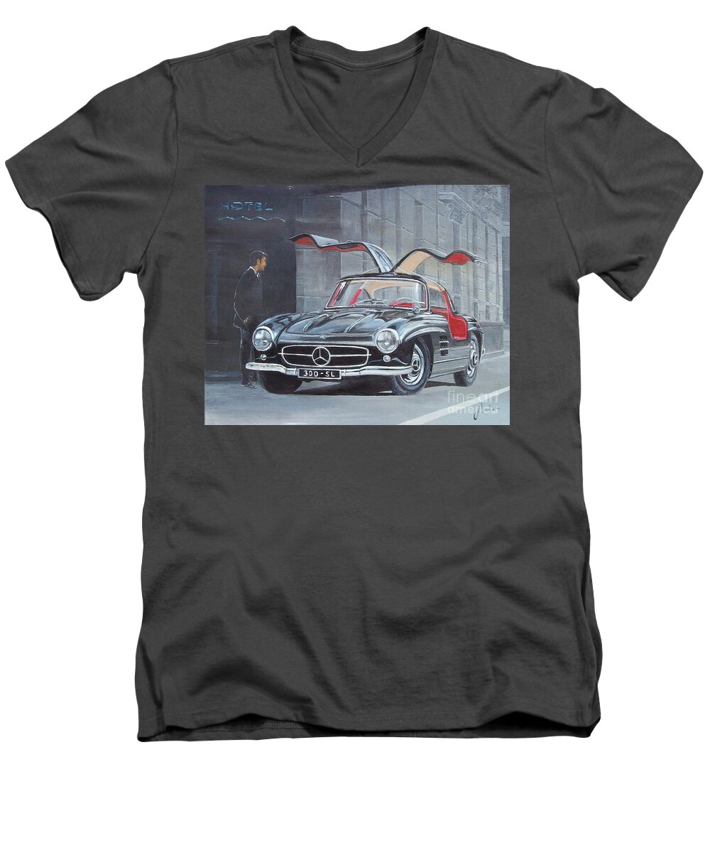 Acrylic Paintings Men's V-Neck T-Shirt featuring the painting 1954 Mercedes Benz 300 sl Gullwing by Sinisa Saratlic