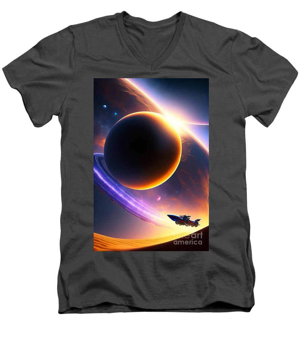 Military Men's V-Neck T-Shirt featuring the digital art Military aircraft spaceship in space #2 by Boon Mee