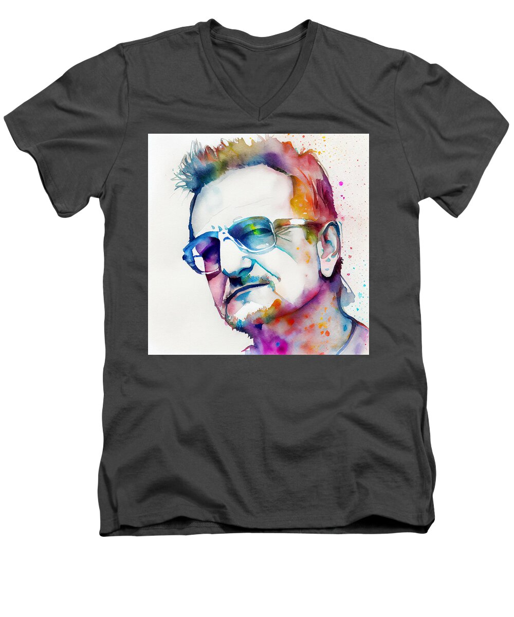 Bono Men's V-Neck T-Shirt featuring the mixed media Watercolour Of Bono #3 by Smart Aviation