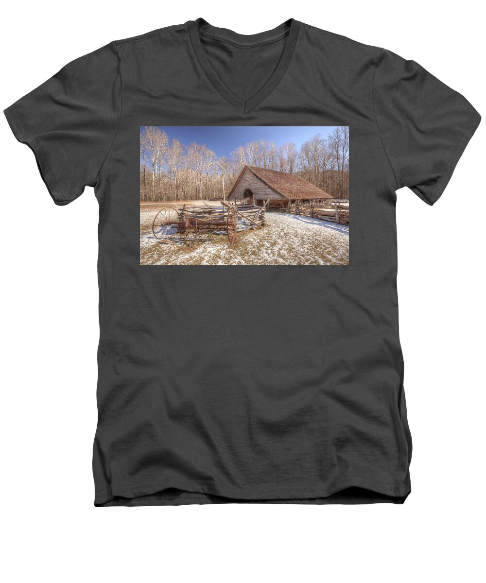 Mountain Farm Museum Men's V-Neck T-Shirt featuring the photograph Winter on the Farm by Doug McPherson