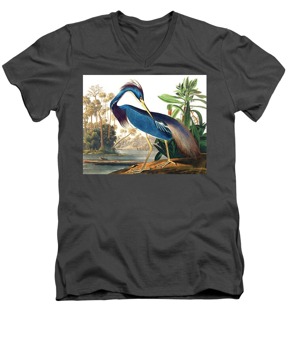 Louisiana Heron Men's V-Neck T-Shirt featuring the drawing Louisiana Heron by John James Audubon by Mango Art
