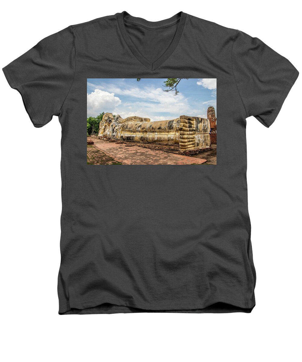Landmark Men's V-Neck T-Shirt featuring the photograph Wat Lokayasutharam in Ayutthaya Thailand Southeast Asia	 #4 by Wilfried Strang