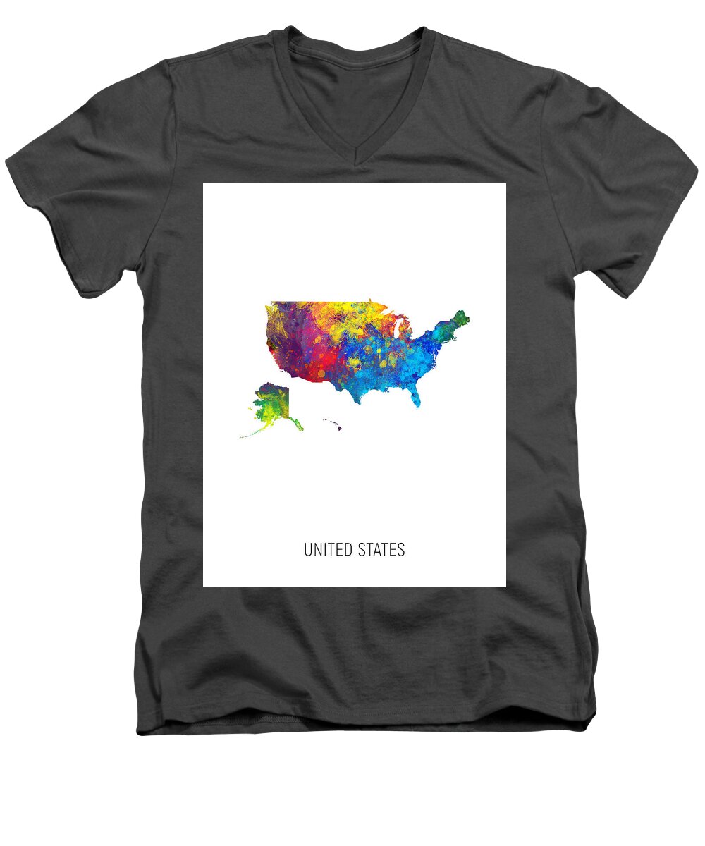 United States Men's V-Neck T-Shirt featuring the digital art United States Watercolor Map #7 by Michael Tompsett