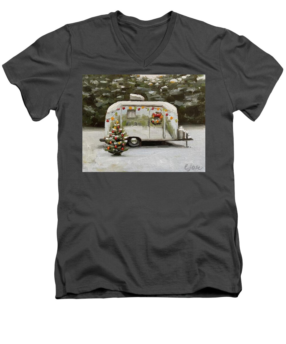 Vintage Trailer Men's V-Neck T-Shirt featuring the painting A Bambi for Christmas by Elizabeth Jose